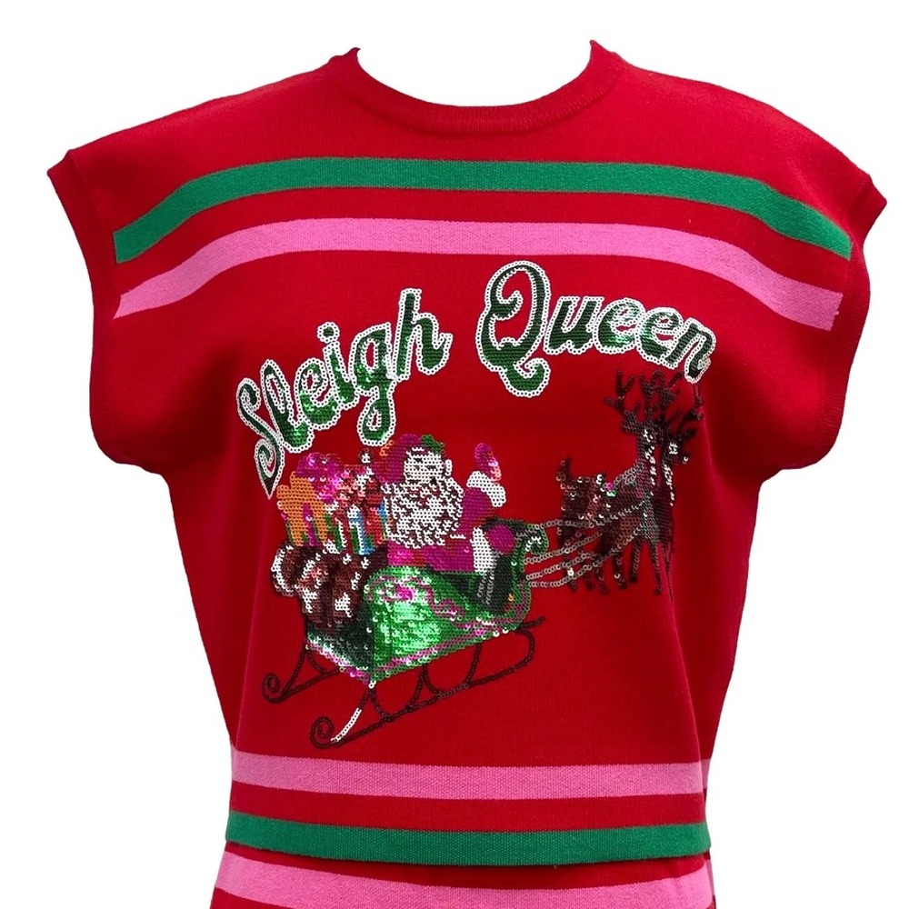 Queen of Sparkles Kids Sleigh Queen Red Sequin Christmas Sweater Top Size S NWT
